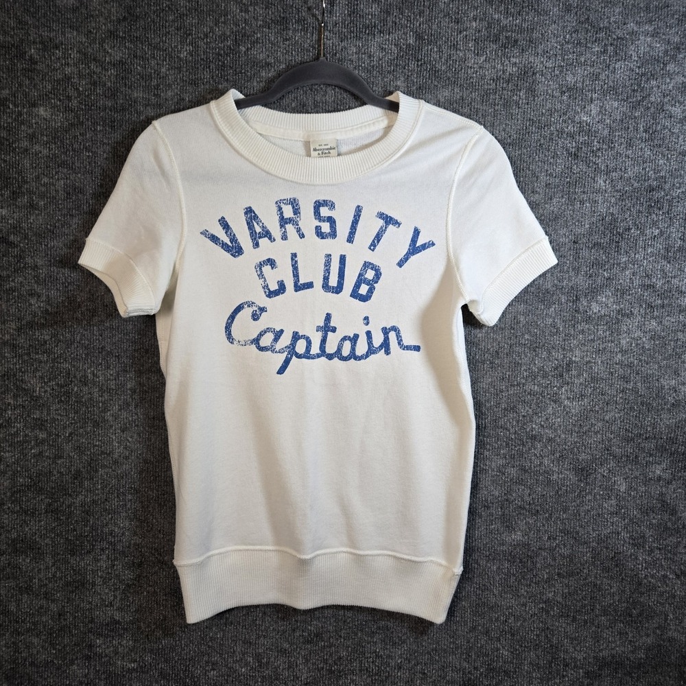 Abercrombie Fitch Top Womens S Cream Blue Mid Weight Tee Varsity Club Captain